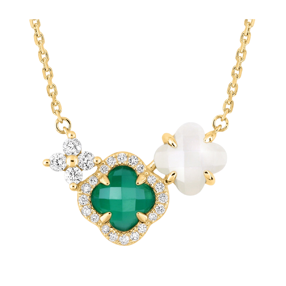 Collier, Agate Verte, Diamant, Nacre Blanche, Or Jaune