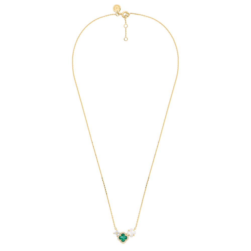 Collier, Agate Verte, Diamant, Nacre Blanche, Or Jaune