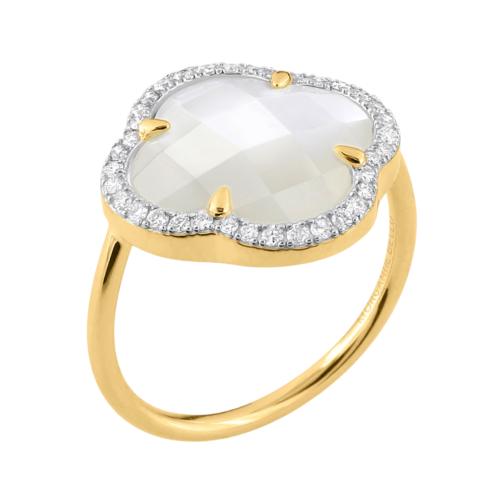 Bague, Nacre Blanche Grand Modèle, Diamants, Or Jaune