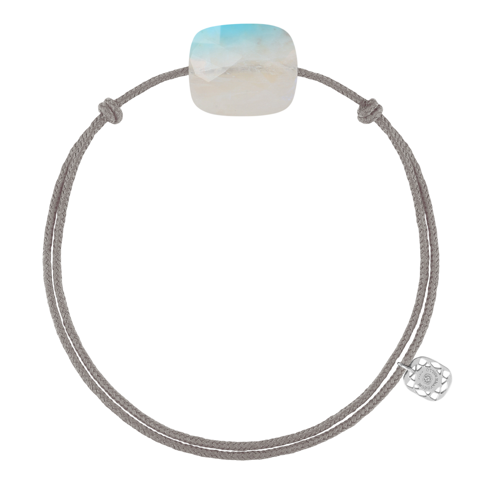 Bracelet, Pierre De Lune Arc En Ciel, Cordon Gris Souris