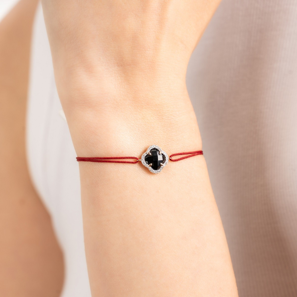 Bracelet, Mini Onyx, Diamants, Cordon Rouge, Or Rose