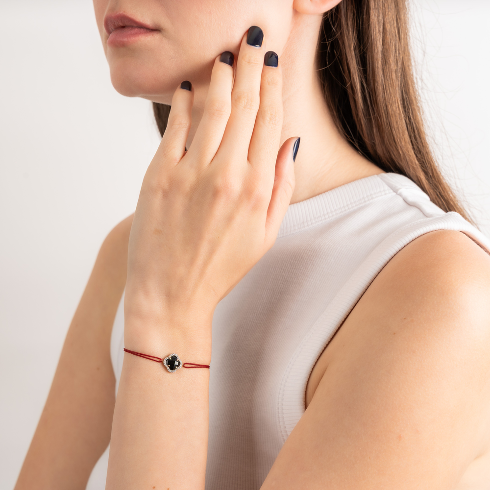 Bracelet, Mini Onyx, Diamants, Cordon Rouge, Or Rose