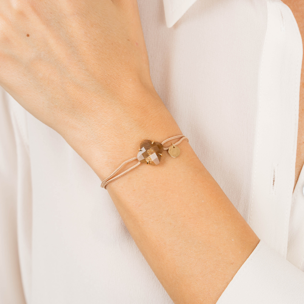 Bracelet, Pierre De Soleil, Cordon Beige Dore, Or Jaune