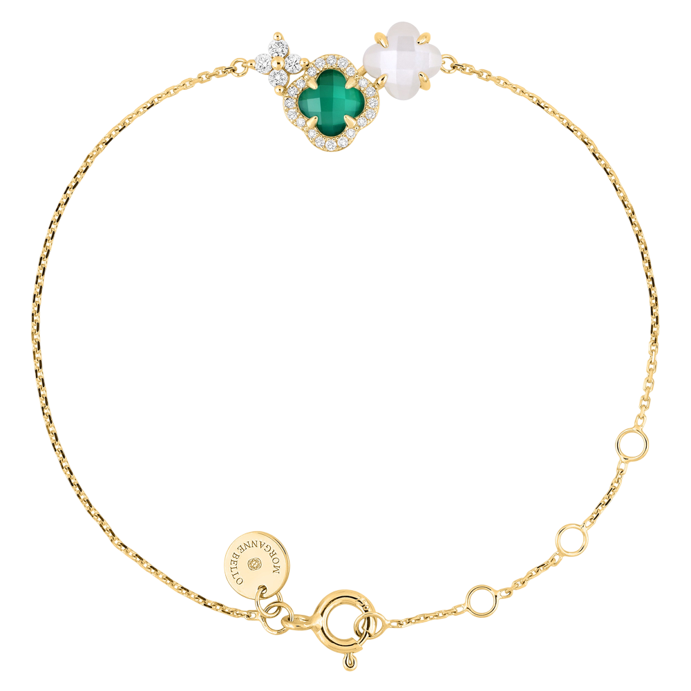 Bracelet, Agate Verte, Diamants, Nacre Blanche, Or Jaune