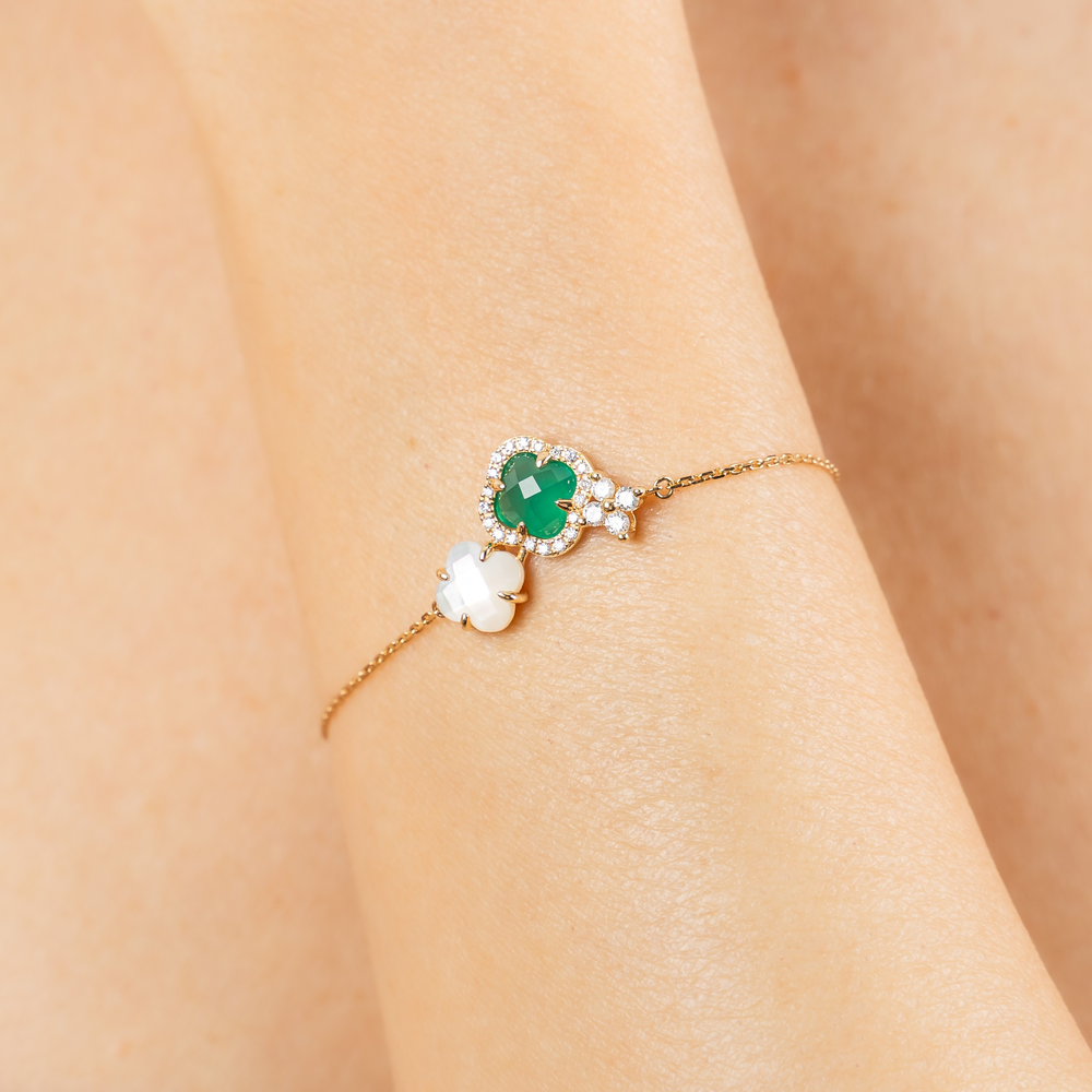 Bracelet, Agate Verte, Diamants, Nacre Blanche, Or Jaune
