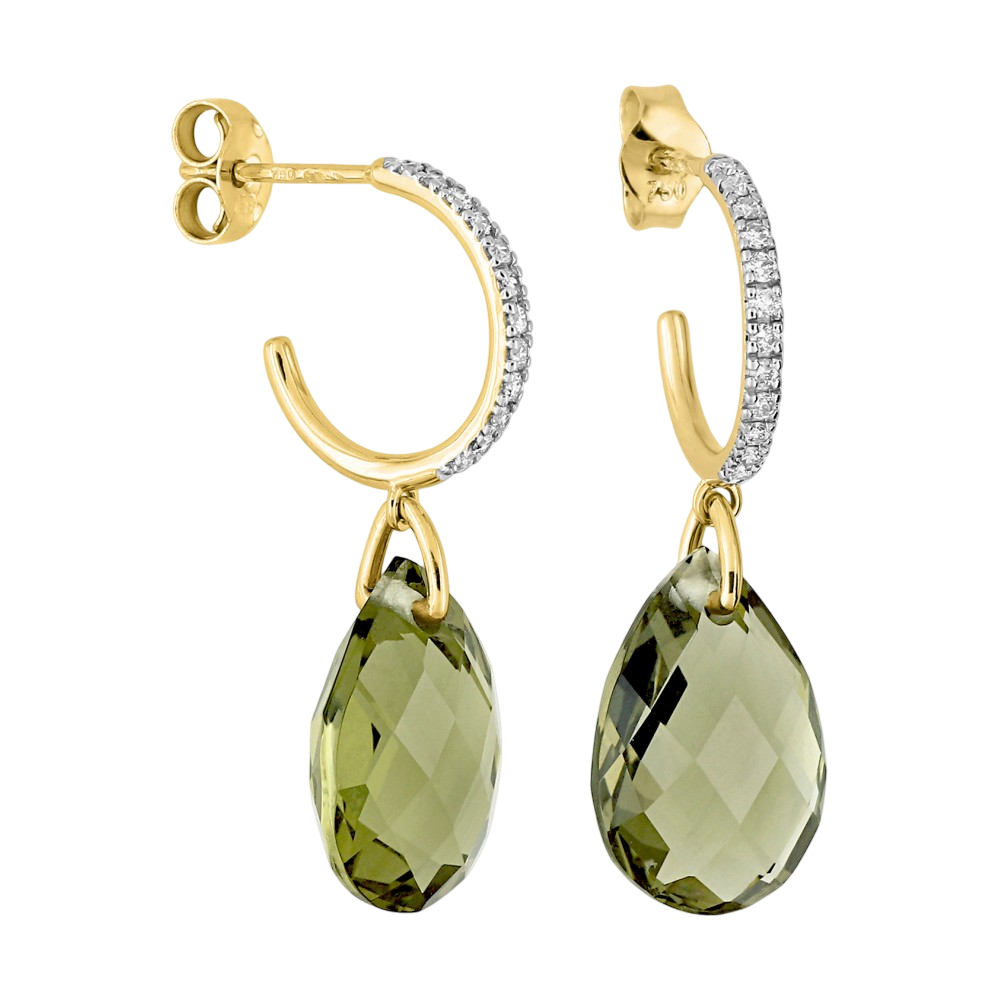 Boucles D'oreilles, Quartz Olive, Diamants, Or Jaune