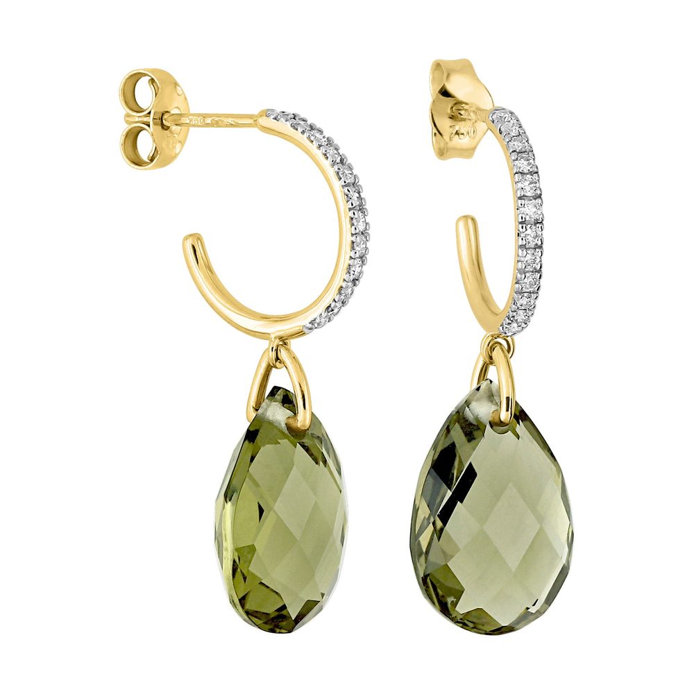 Boucles D'oreilles, Quartz Olive, Diamants, Or Jaune - Bijouterie Aurea｜Morges
