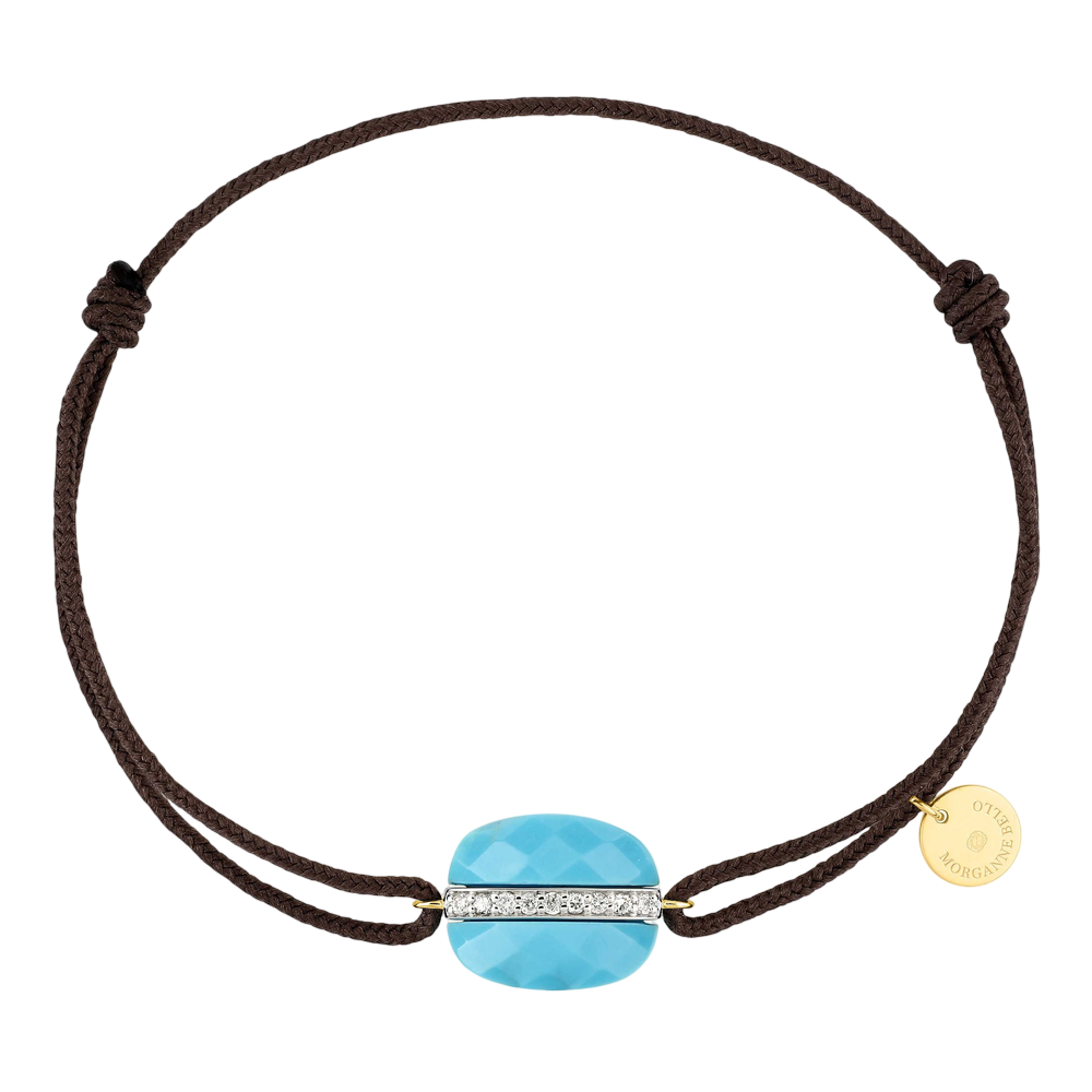 Bracelet, Turquoise Coussin, Diamants, Cordon Taupe, Or Jaune