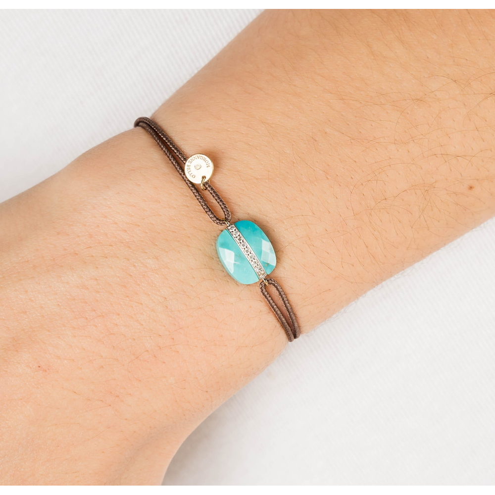 Bracelet, Turquoise Coussin, Diamants, Cordon Taupe, Or Jaune