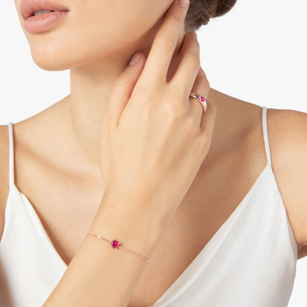 Bracelet Cœur Or Rose & Rubis Synthétique