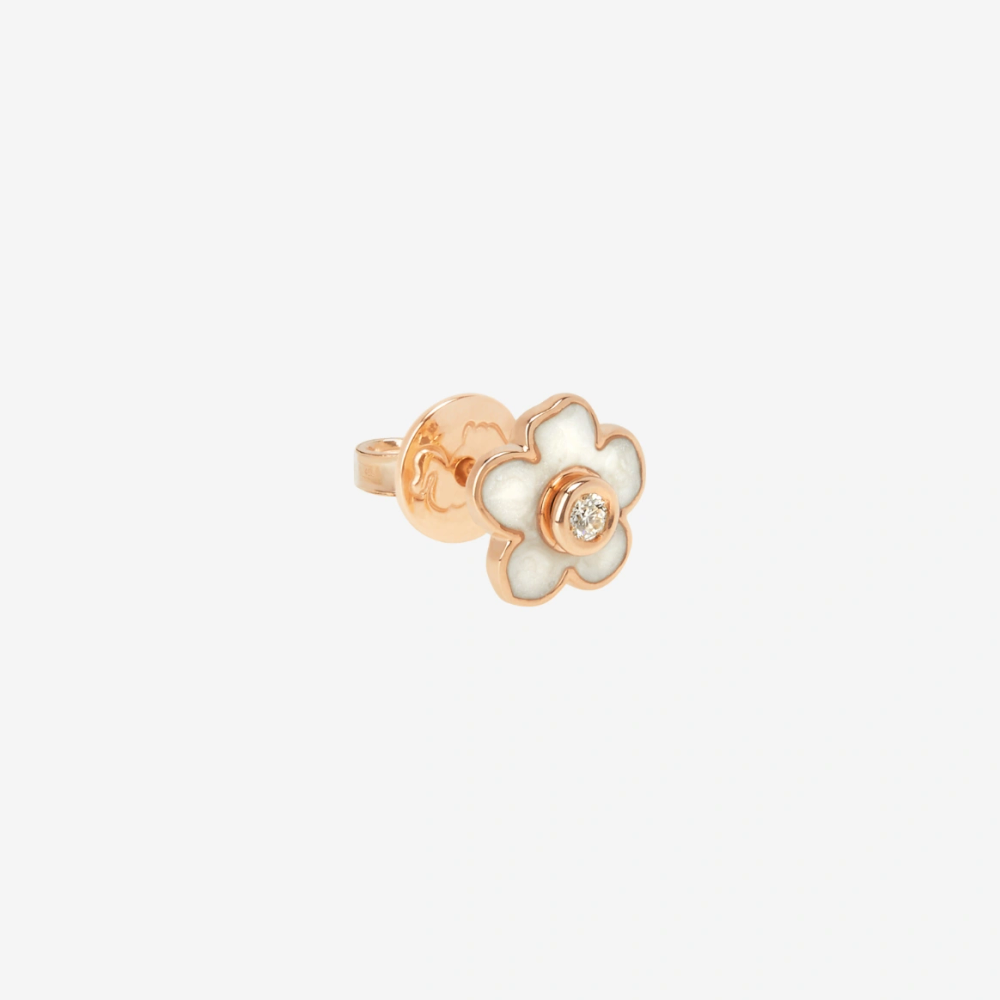 Boucle D'oreille Fleur Or Rose, Émail & Diamant