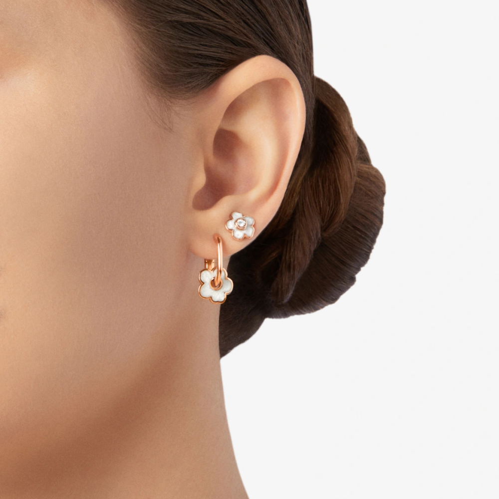Boucle D'oreille Fleur Or Rose, Émail & Diamant