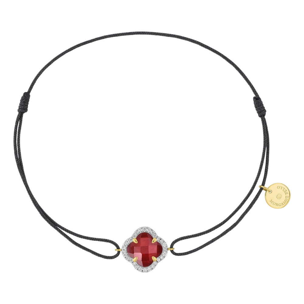 Bracelet, Quartz Rouge, Diamants, Cordon Gris, Or Jaune