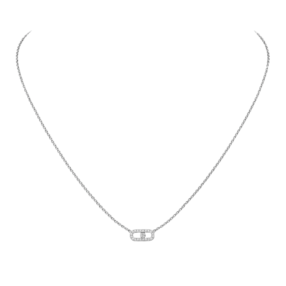 Collier Move Uno pavé, mini modèle Collier Move Uno en or blanc 18 carats, motif serti de diamants taille brillant et d'un diamant mobile en son centre.