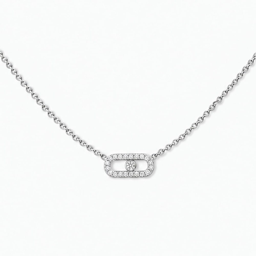 Collier Move Uno pavé, mini modèle Collier Move Uno en or blanc 18 carats, motif serti de diamants taille brillant et d'un diamant mobile en son centre.