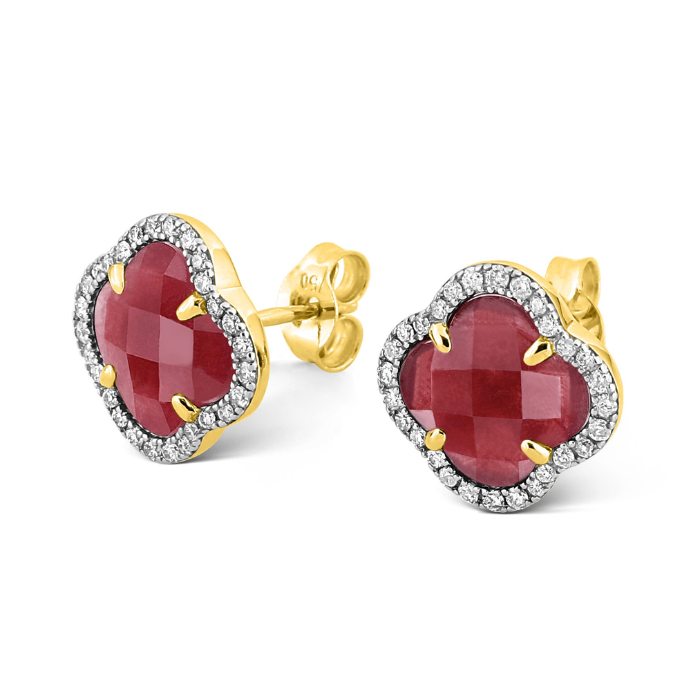 Puces D'oreilles, Quartz Rouge, Diamants, Or Jaune