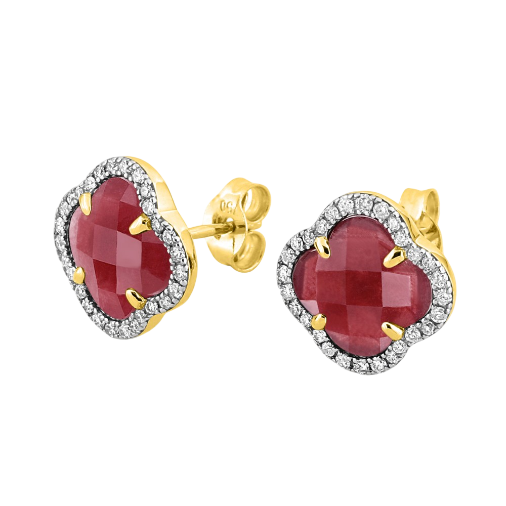 Puces D'oreilles, Quartz Rouge, Diamants, Or Jaune