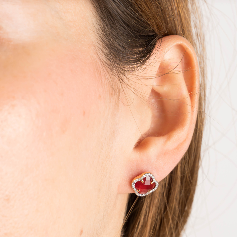 Puces D'oreilles, Quartz Rouge, Diamants, Or Jaune