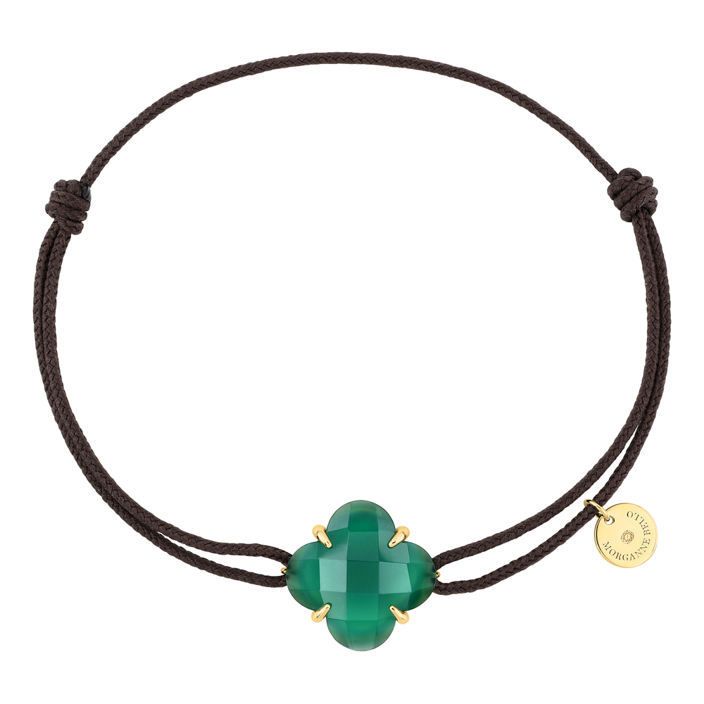 Bracelet, Agate Verte, Cordon Chocolat, Or Jaune