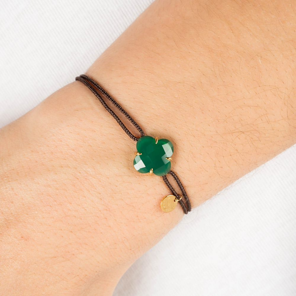Bracelet, Agate Verte, Cordon Chocolat, Or Jaune