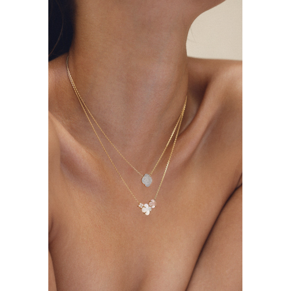 Collier, Quartz Rose, Diamants, Nacre Blanche, Or Jaune