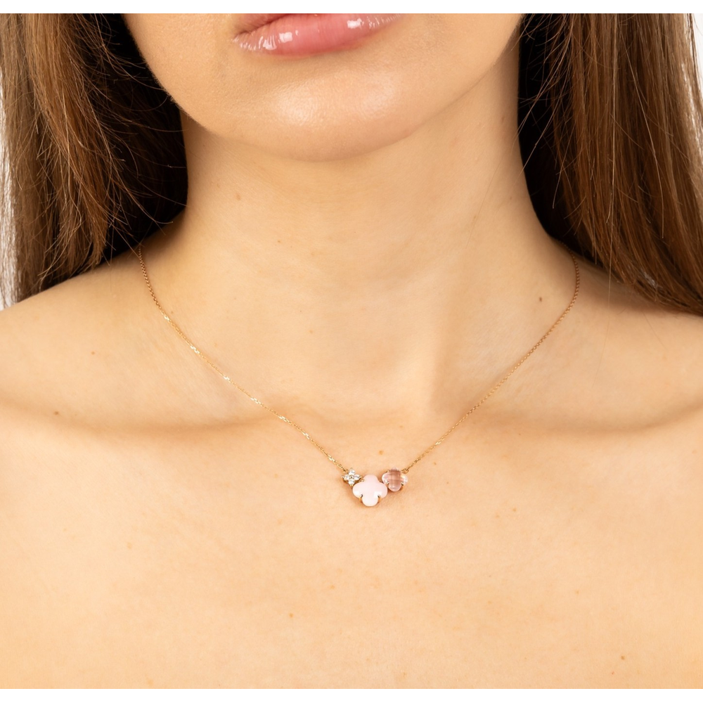 Collier, Quartz Rose, Diamants, Nacre Blanche, Or Jaune