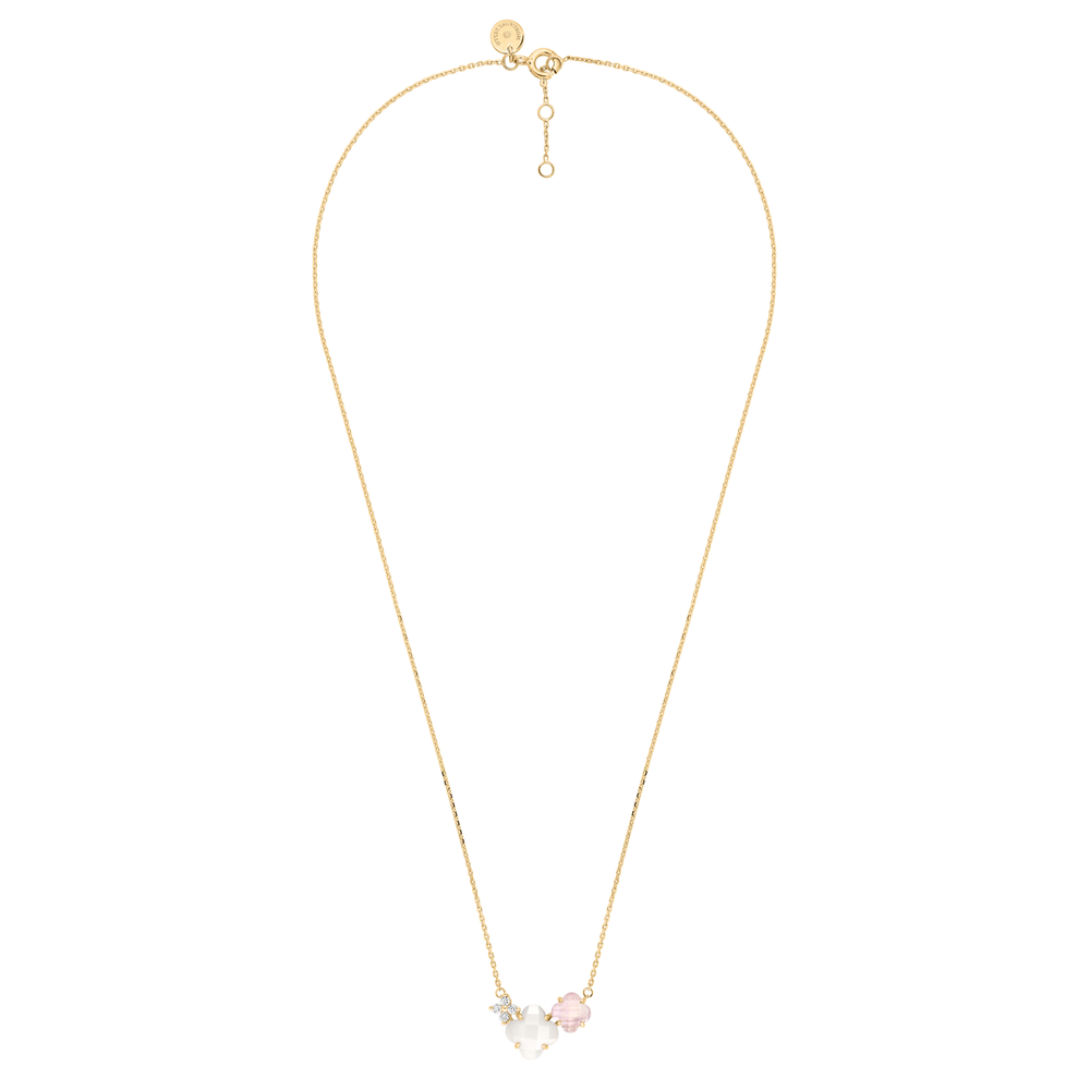 Collier, Quartz Rose, Diamants, Nacre Blanche, Or Jaune