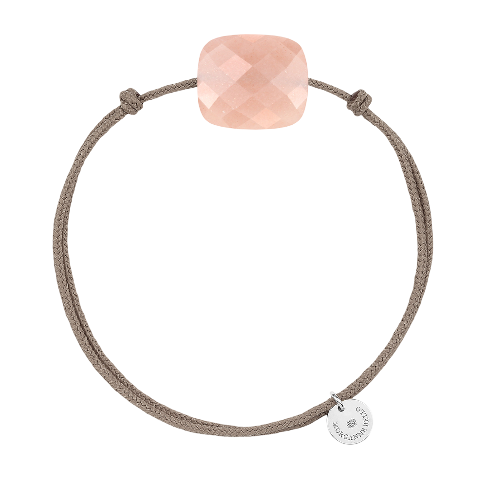Bracelet, Pierre De Lune Peche, Cordon Taupe