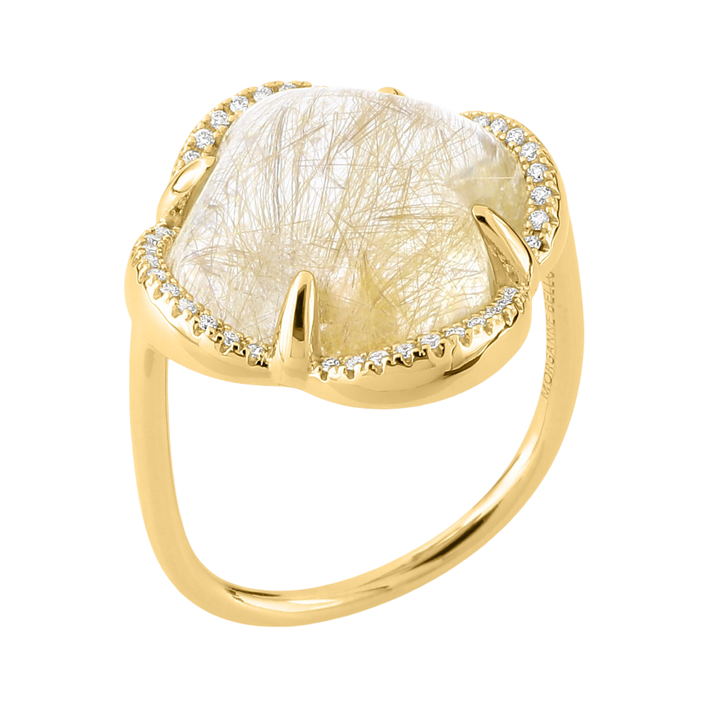 Bague, Quartz Rutile Doré, Entourage Diamants, Or Jaune
