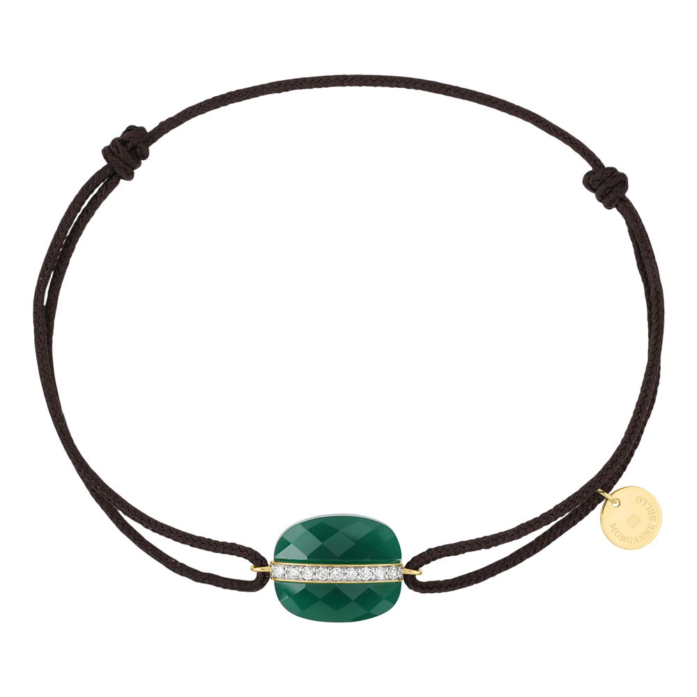 Bracelet, Agate Verte Coussin, Diamants, Cordon Chocolat, Or Jaune