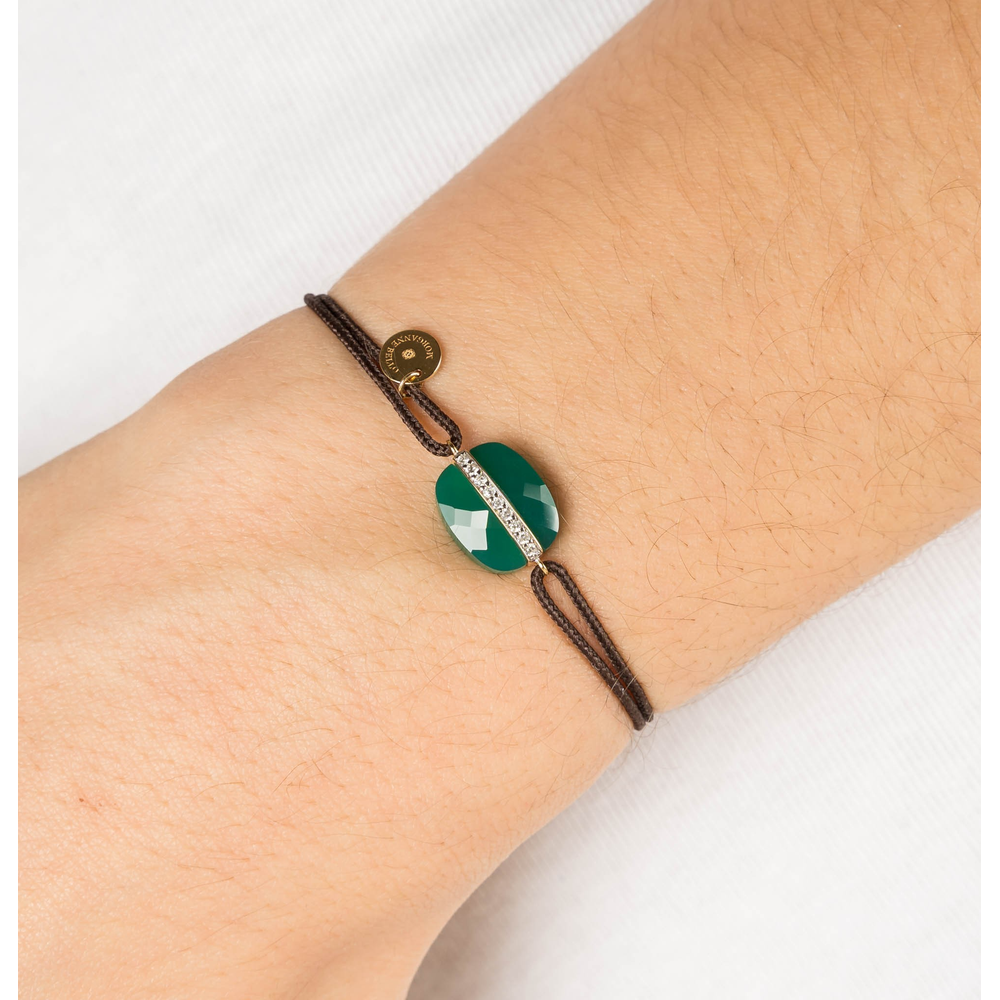 Bracelet, Agate Verte Coussin, Diamants, Cordon Chocolat, Or Jaune