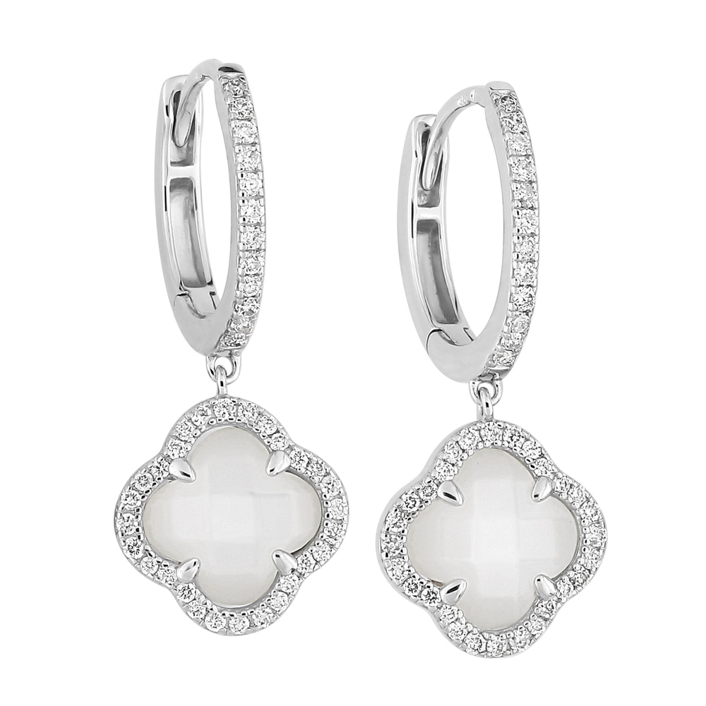 Boucles D'oreilles, Nacre Blanche, Diamants, Or Blanc