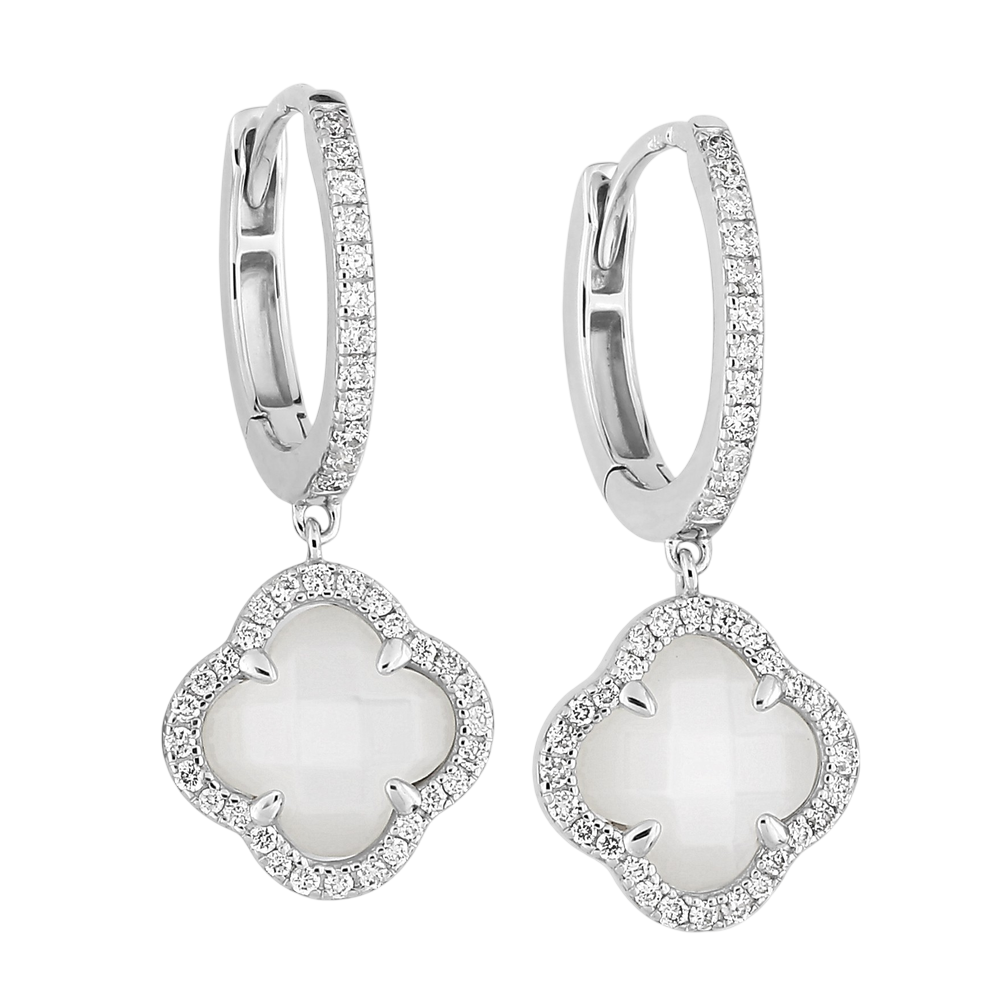 Boucles D'oreilles, Nacre Blanche, Diamants, Or Blanc