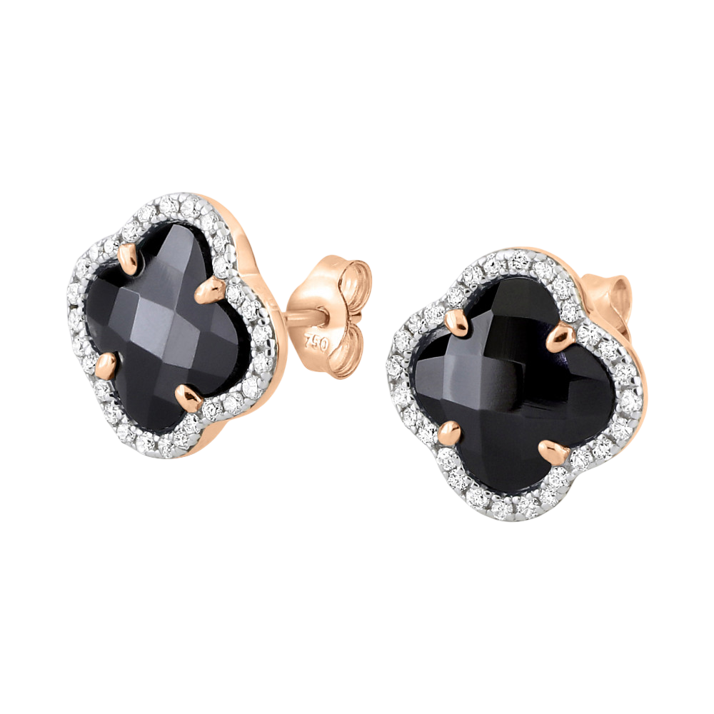Puces D'oreilles, Onyx, Diamants, Or Rose