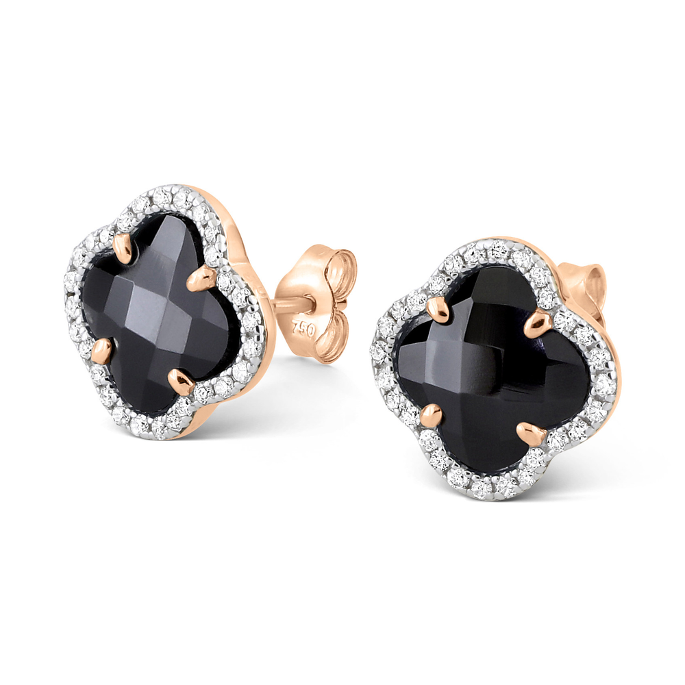 Puces D'oreilles, Onyx, Diamants, Or Rose