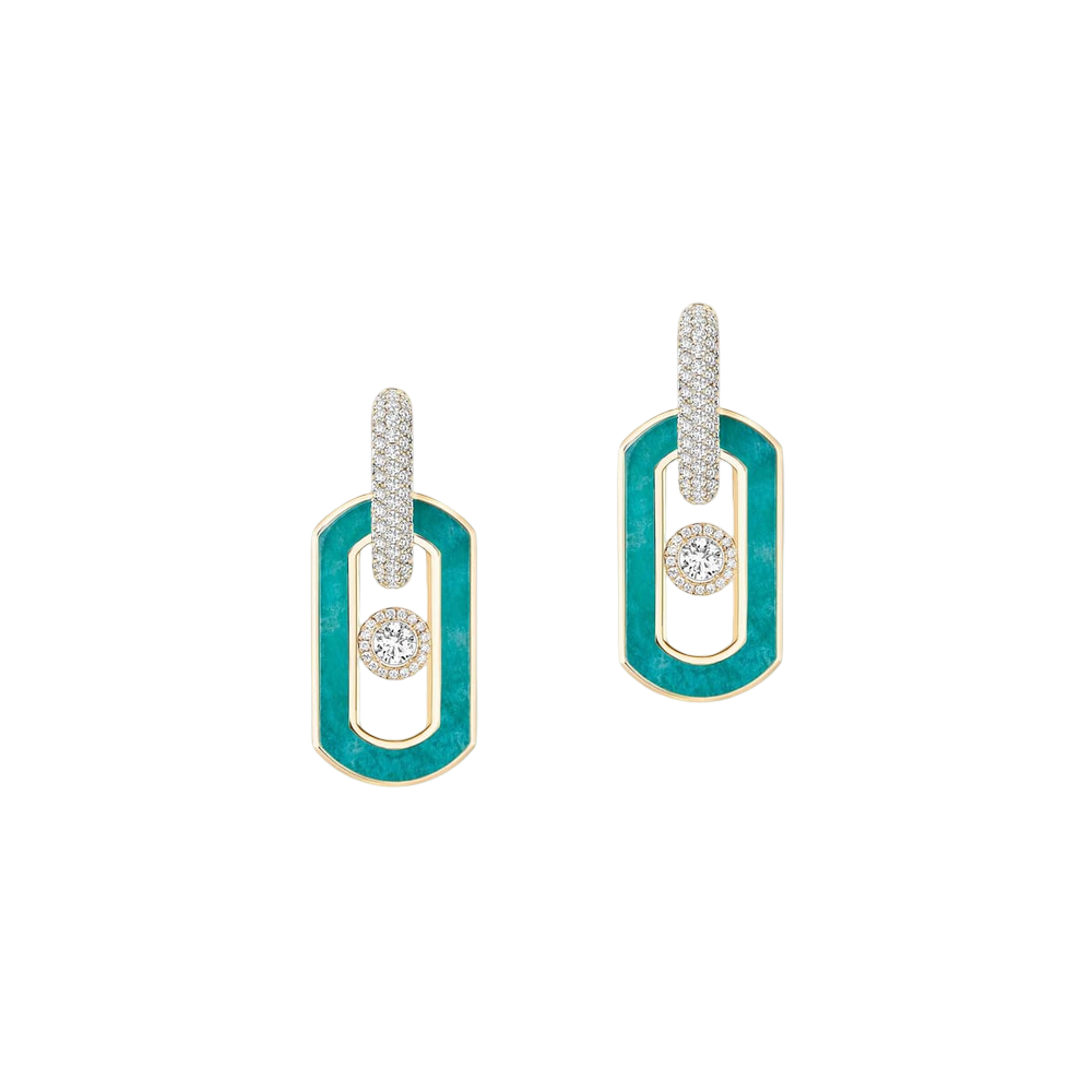 Boucles d'oreilles pendantes So Move amazonite Boucles d'oreilles So Move en or jaune 18 carats et amazonite, pavées de diamants et serties en leur centre d'un diamant mobile taille brillant, sublimé par un entourage diamants.