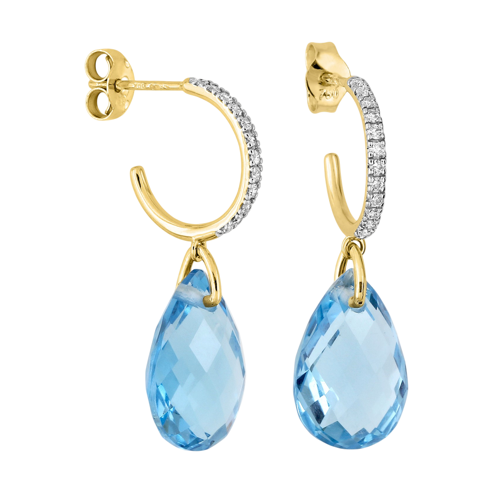 Boucles D'oreilles, Topaze Swiss Blue, Diamants, Or Jaune