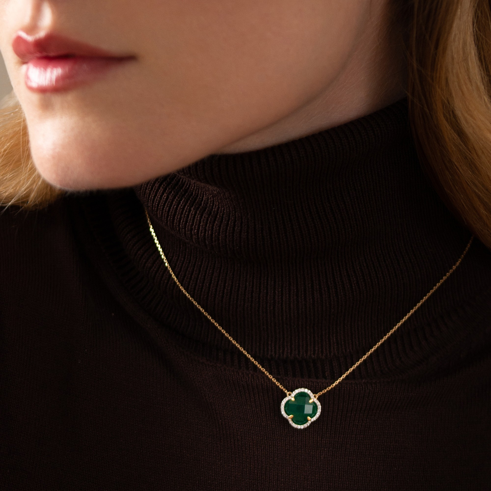 Collier, Agate Verte Grand Modèle, Diamants, Or Jaune