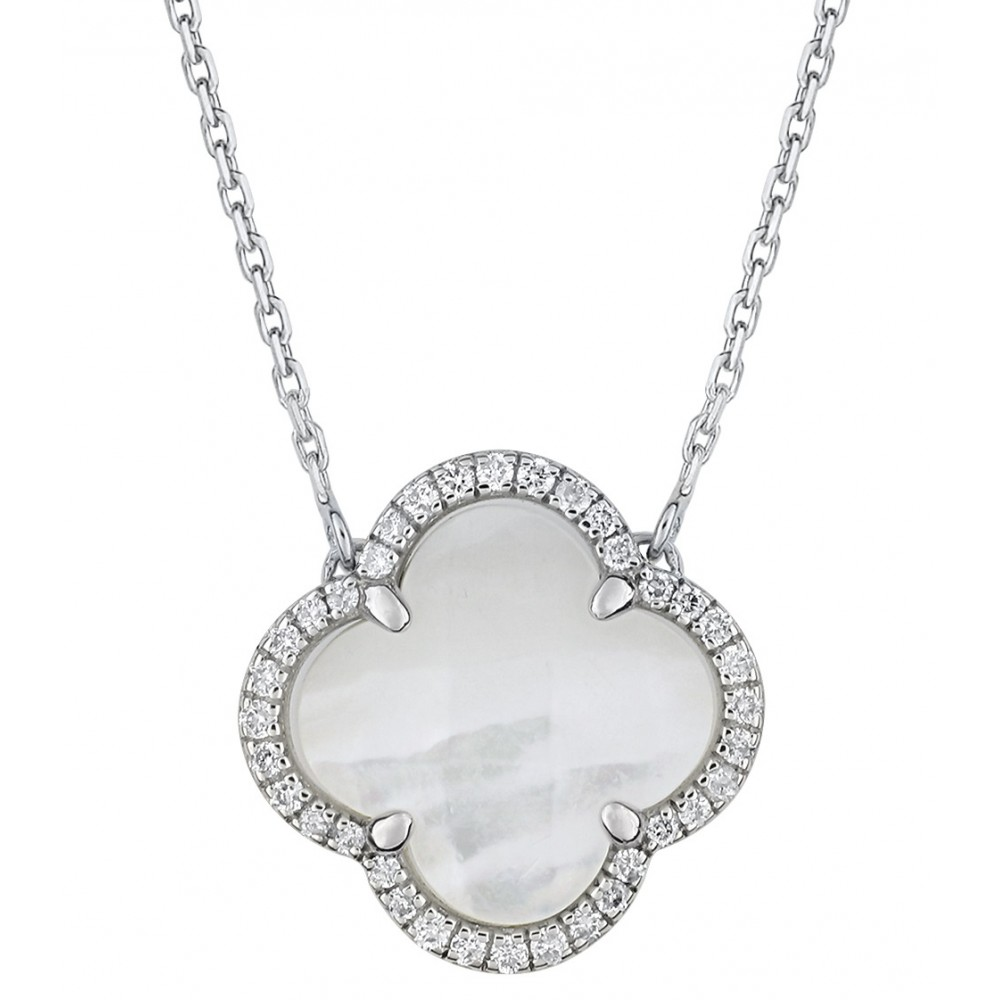 Collier, Nacre Blanche, Diamants, Or Blanc