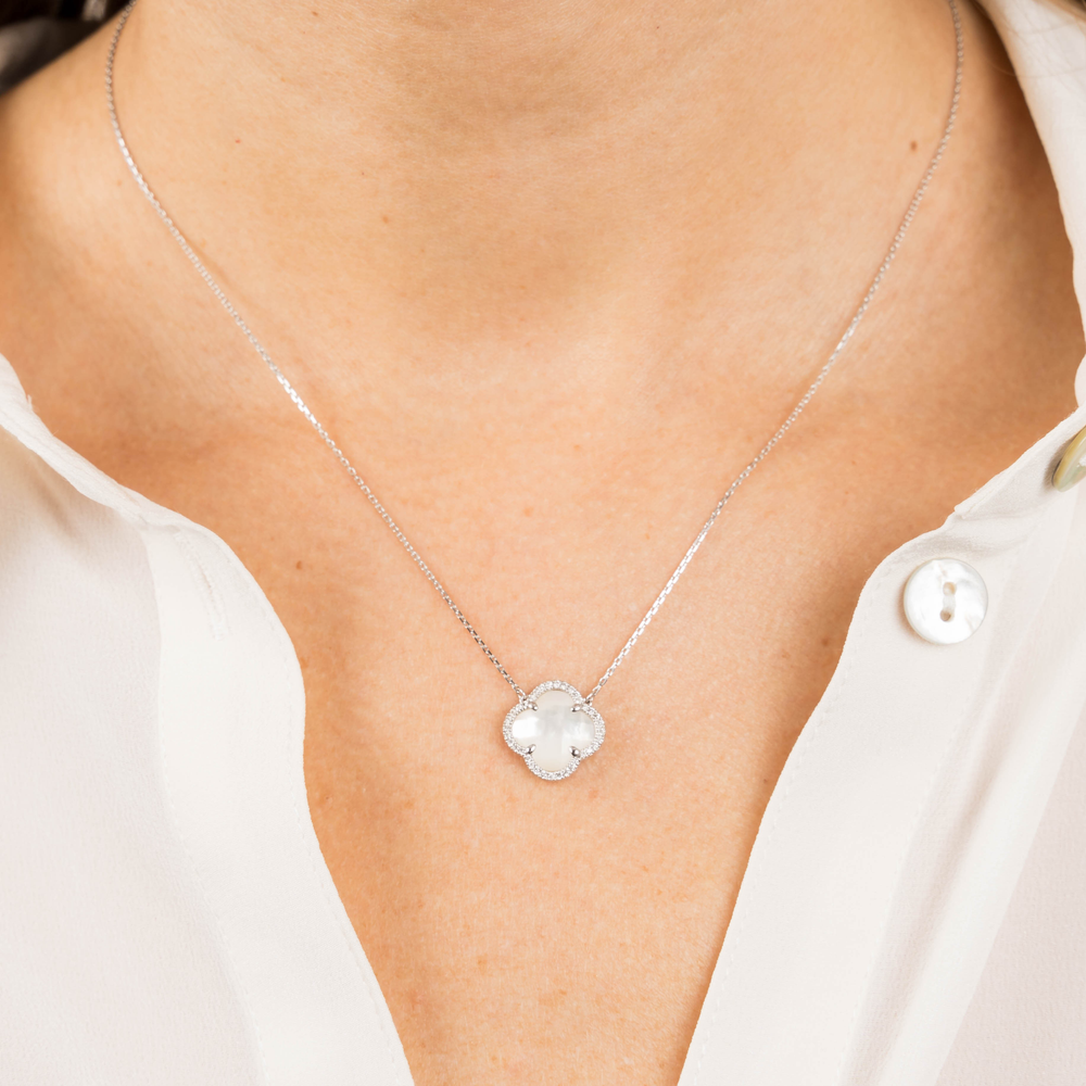 Collier, Nacre Blanche, Diamants, Or Blanc
