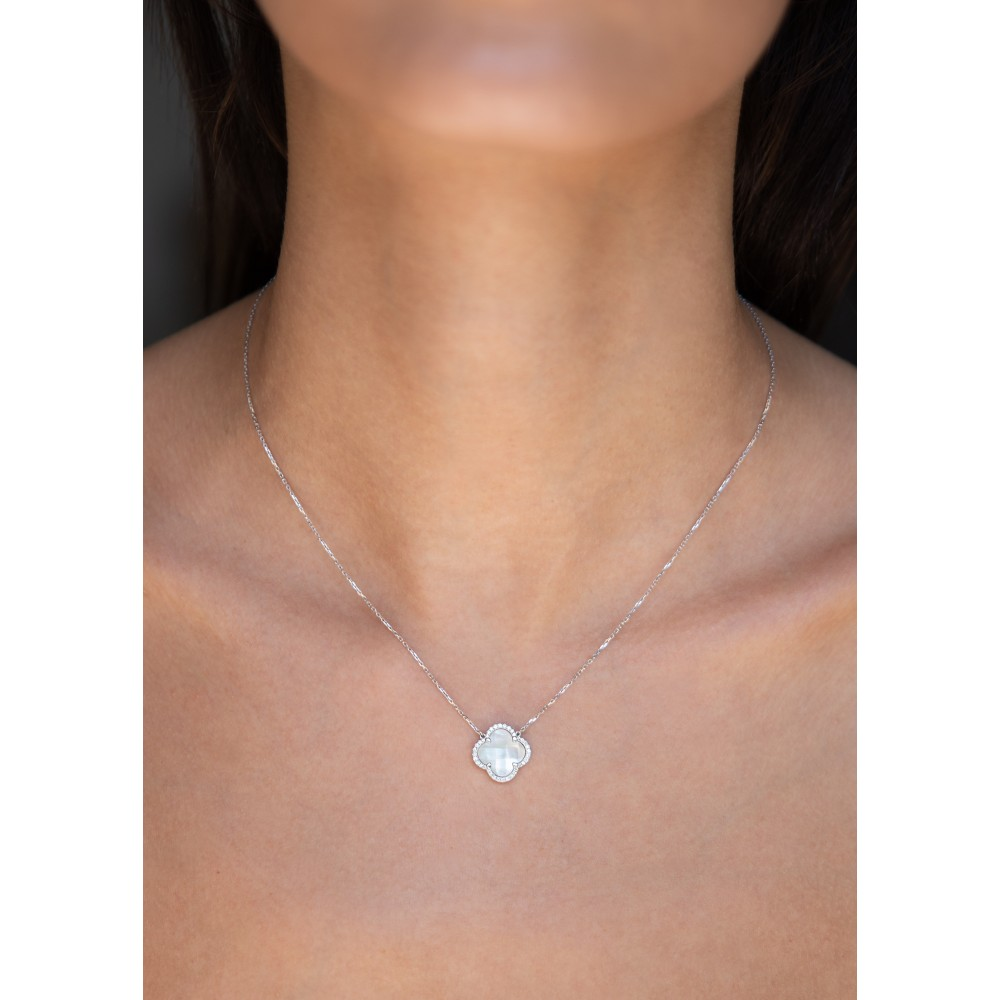 Collier, Nacre Blanche, Diamants, Or Blanc