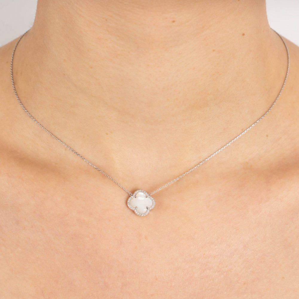 Collier, Nacre Blanche, Diamants, Or Blanc