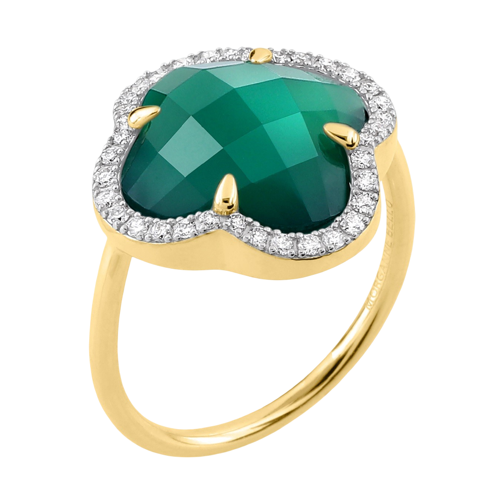Bague, Agate Verte Grand Modèle, Diamants, Or Jaune