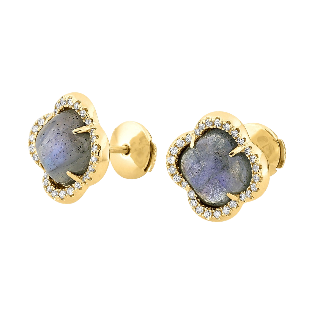 Puces, Labradorite, Entourage Diamants, Or Jaune