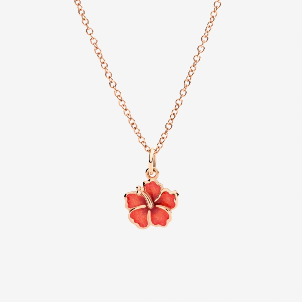 Pendentif Fleur D’hibiscus Or Rose Et Émail