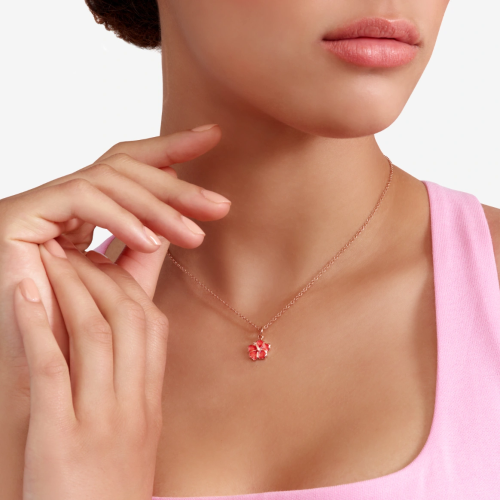 Pendentif Fleur D’hibiscus Or Rose Et Émail