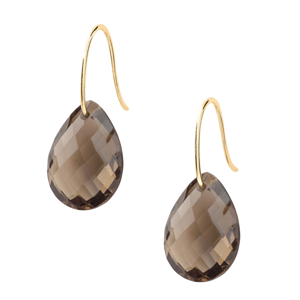 Boucles D'oreilles, Quartz Fume, Or Jaune