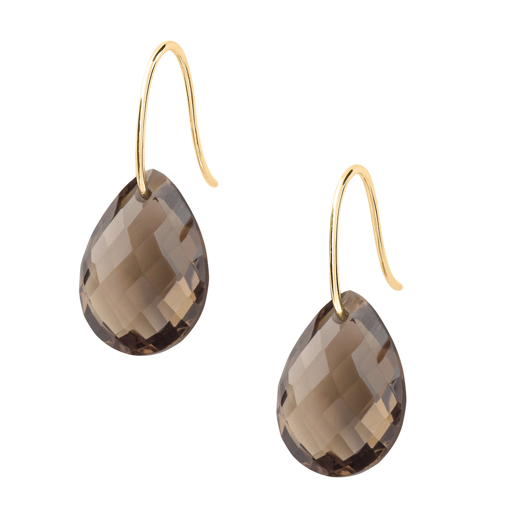 Boucles D'oreilles, Quartz Fume, Or Jaune
