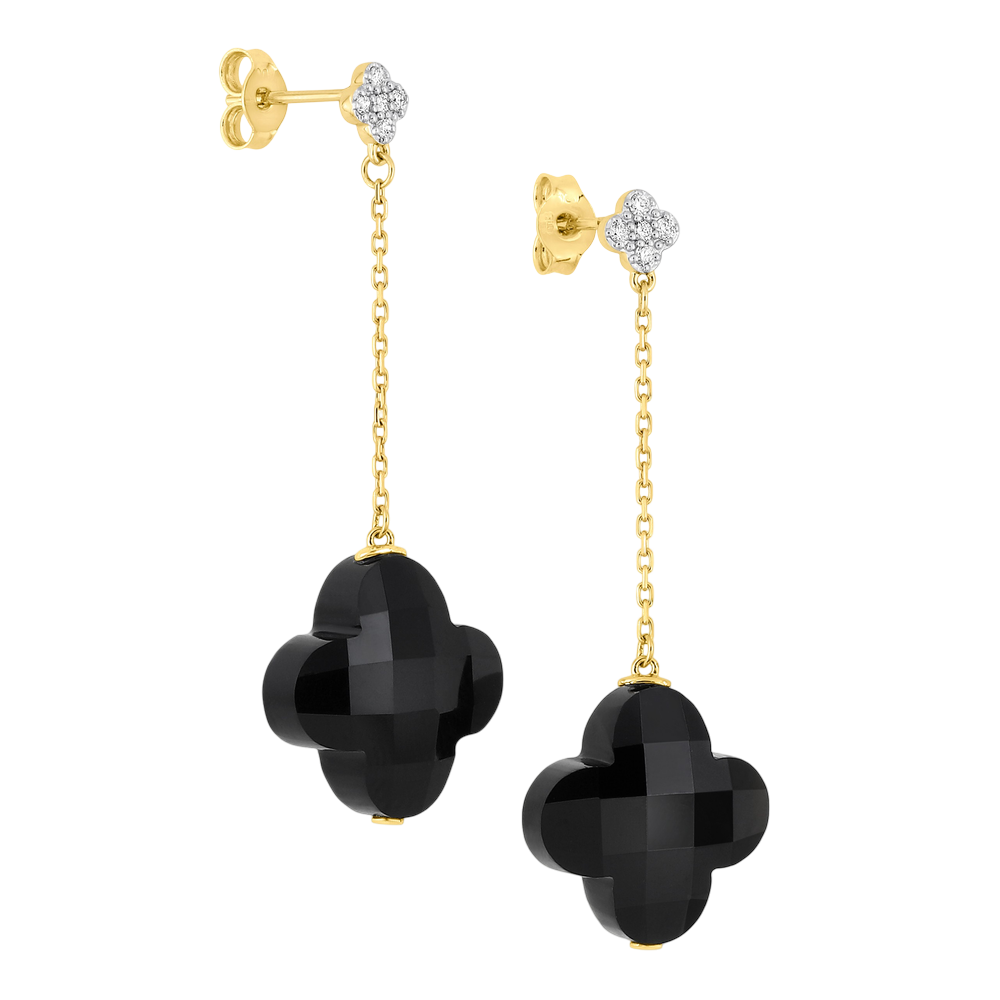 Boucles D'oreilles, Onyx, Diamants, Or Jaune