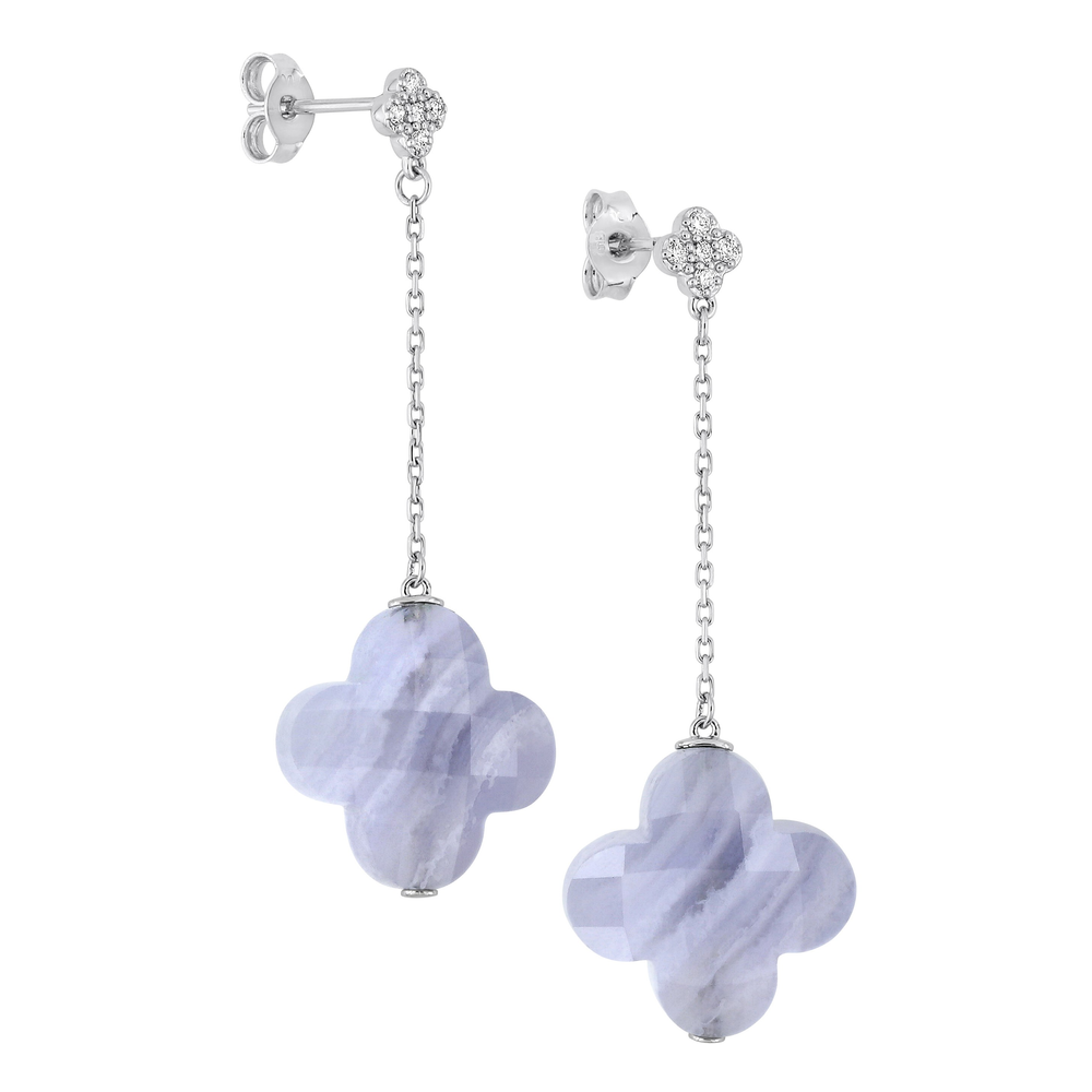 Boucles D'oreilles, Agate Bleue Dentelle, Diamants, Or Blanc